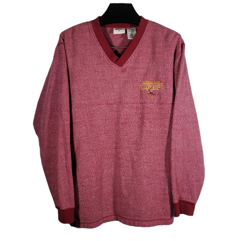 VTG ASU Sun Devils V-Neck Sweatshirt Plush Terry Cloth Maroon Mascot Forky Demon